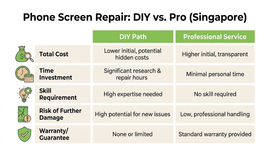 A comparison table outlining the pros and cons of DIY phone screen repair versus professional repair services.