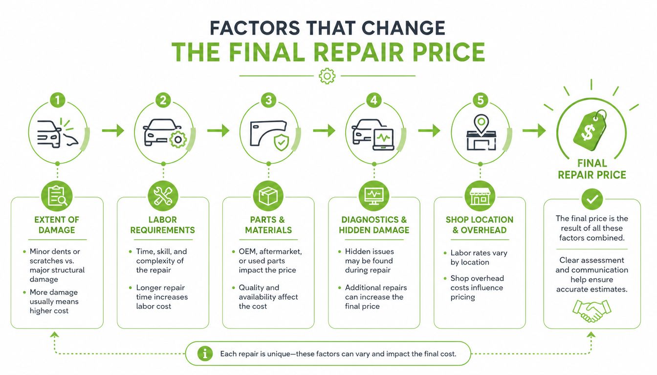 An infographic showing five key factors that influence the final cost of professional vehicle repairs.