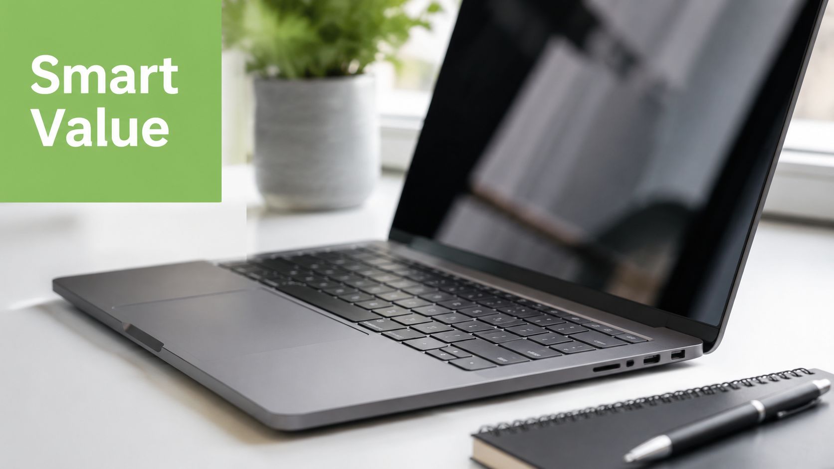 A modern grey laptop sits on a white desk next to a notebook and pen with Smart Value text overlaid.