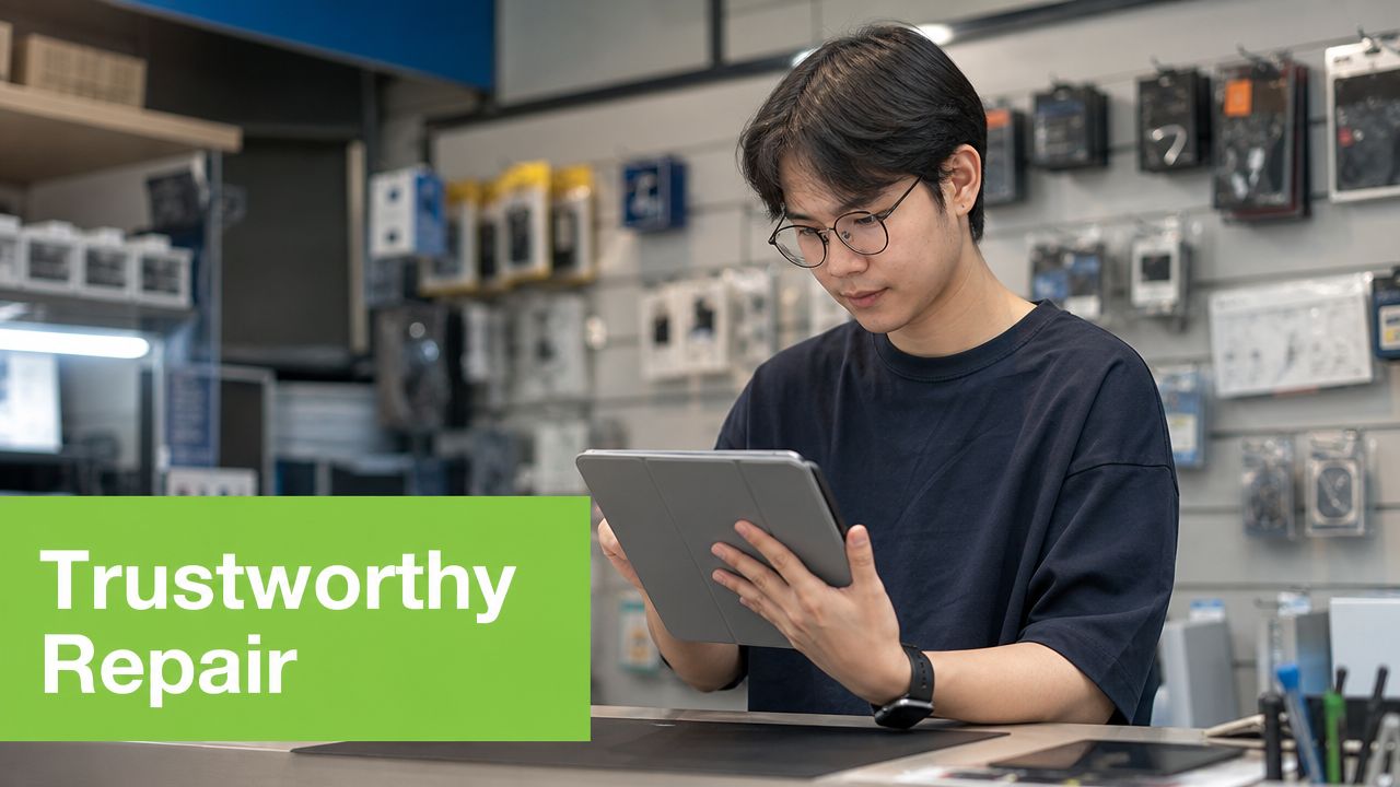 A professional technician wearing glasses carefully inspecting a digital tablet at a modern electronics repair shop.