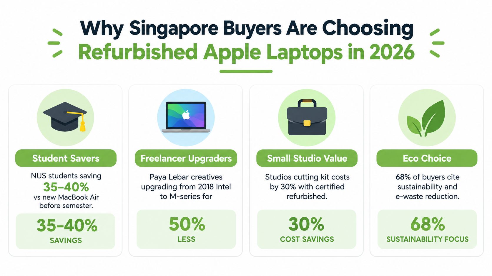 An infographic showing why Singapore buyers are choosing refurbished Apple laptops for savings and environmental sustainability in 2026.
