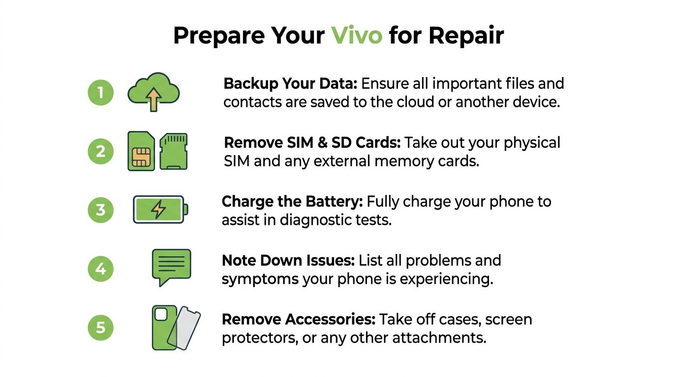 A checklist of five steps to prepare your Vivo smartphone before sending it for repair services.