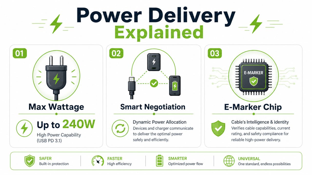 An infographic explaining USB Power Delivery technology, featuring max wattage, smart negotiation, and E-marker chip functionality.