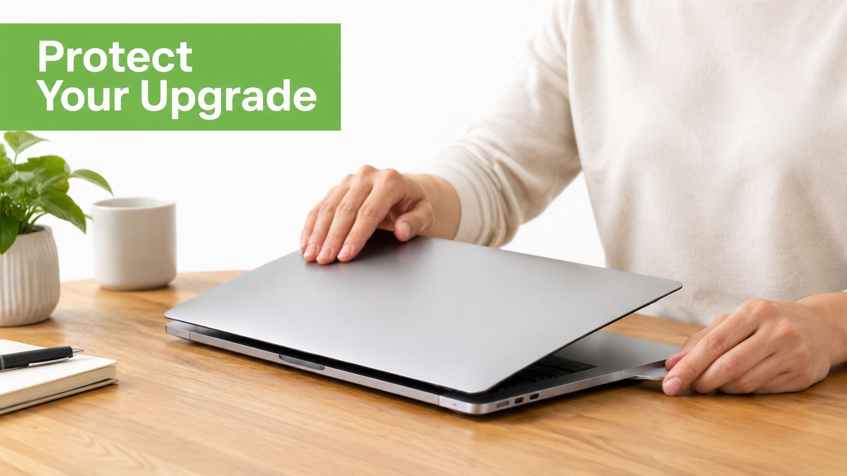 A person gently closing the lid of a sleek silver laptop sitting on a wooden desk.