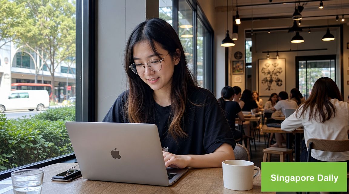 A young woman working on her MacBook Air M3 while sitting at a cafe near a window.