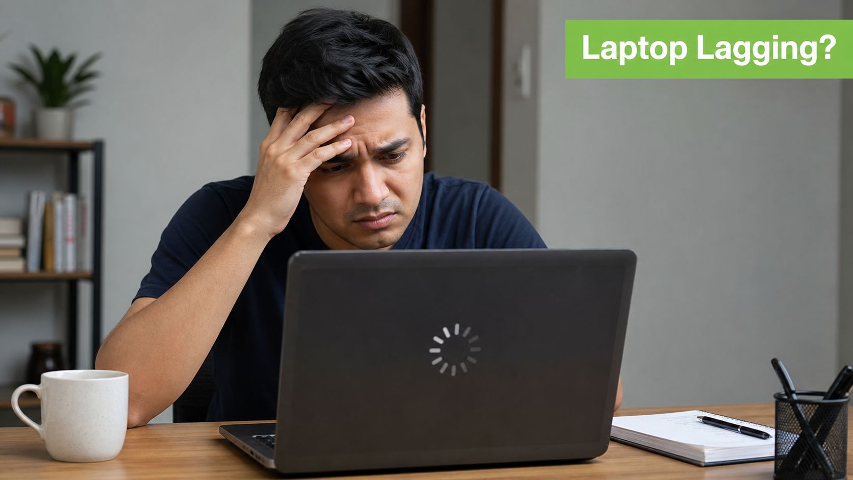 A frustrated young man sitting at a desk looking at a laptop showing a loading icon.