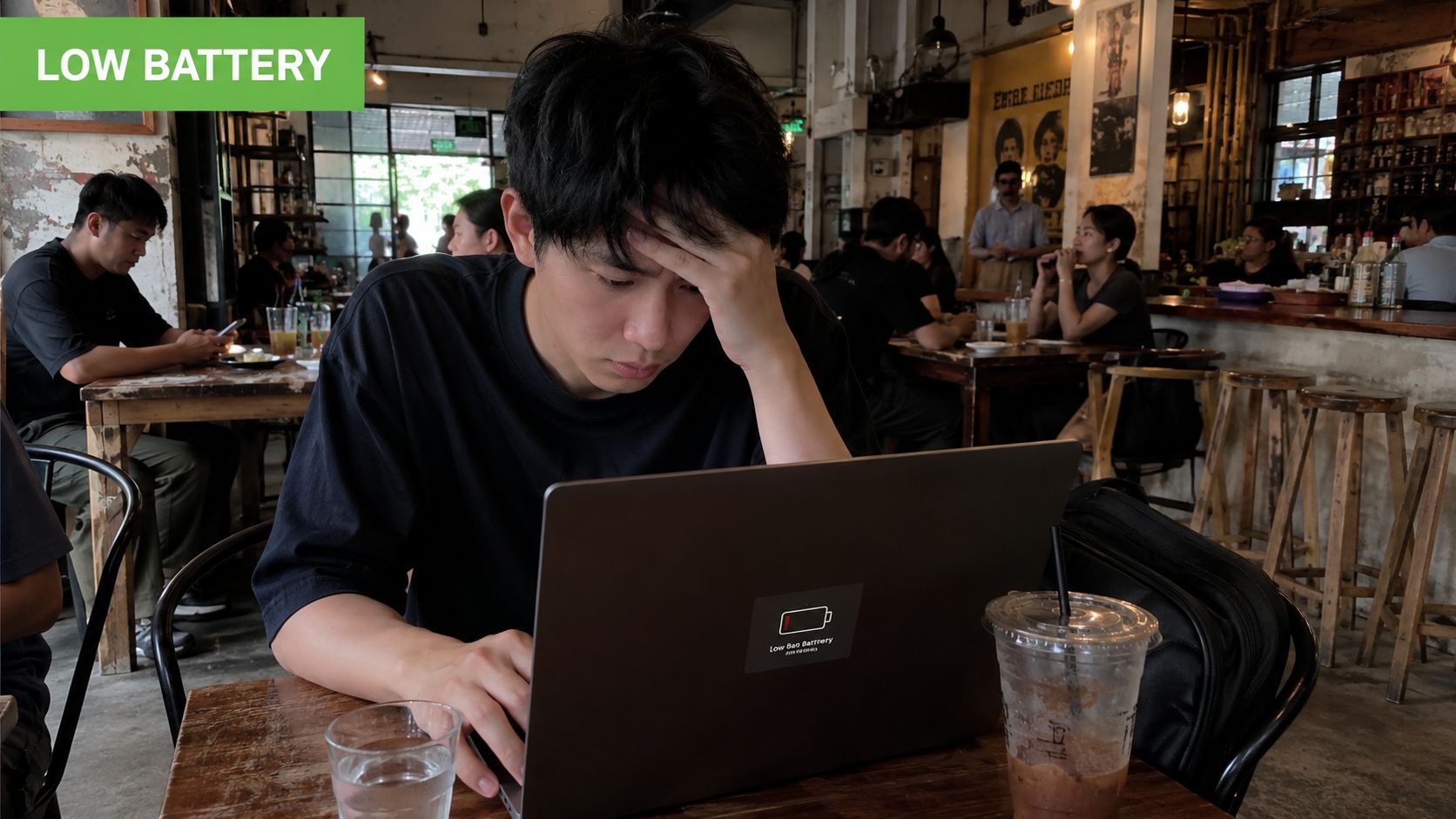 A man looking frustrated at his laptop screen in a cafe with a low battery icon displayed.