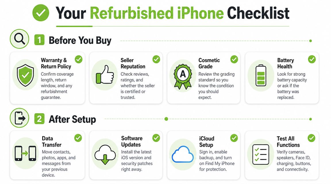 An infographic checklist for buying and setting up a refurbished iPhone, detailing essential steps for consumers.