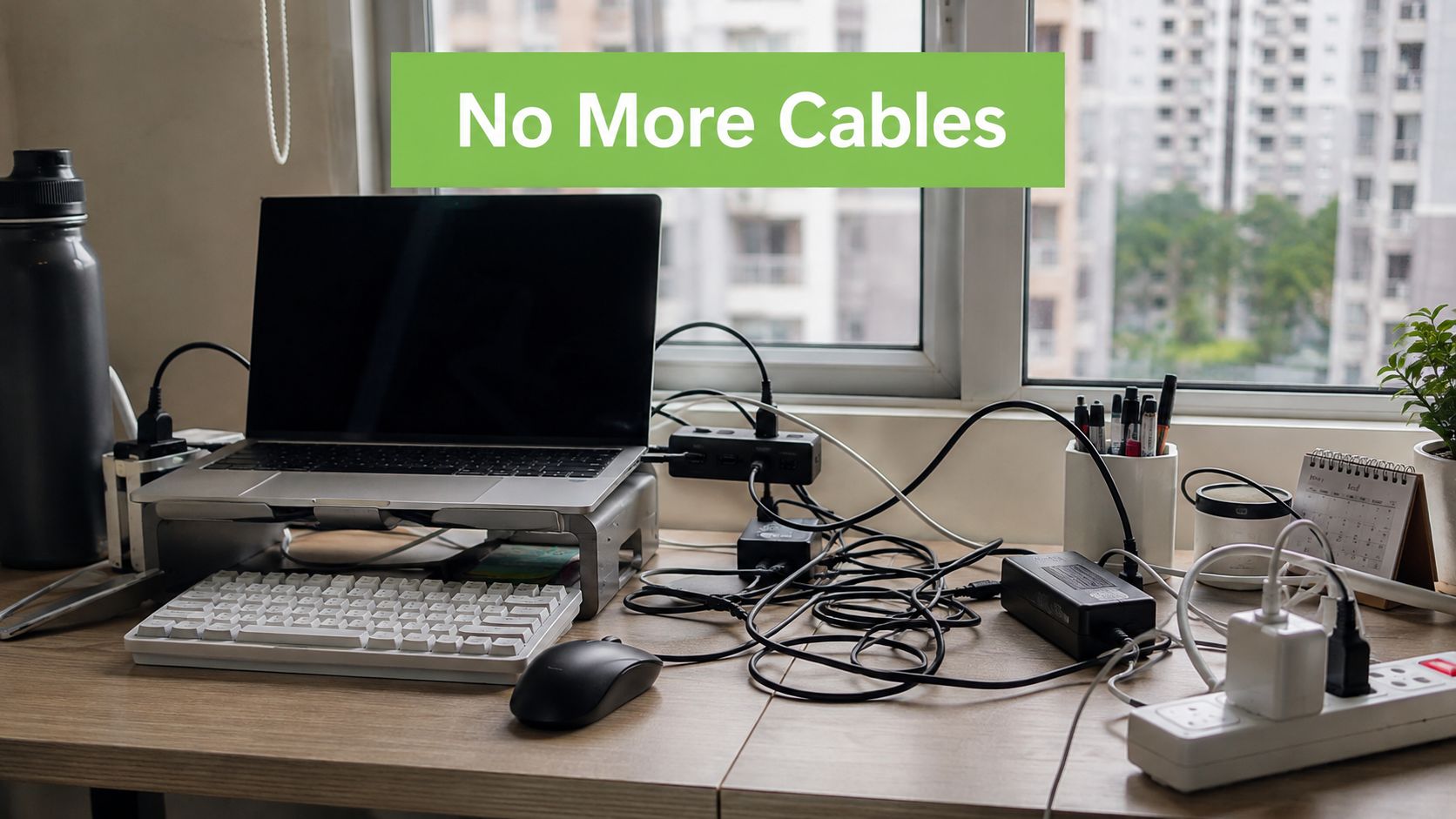 A cluttered desk workspace featuring a laptop, keyboard, mouse, and numerous messy power cables near a window.