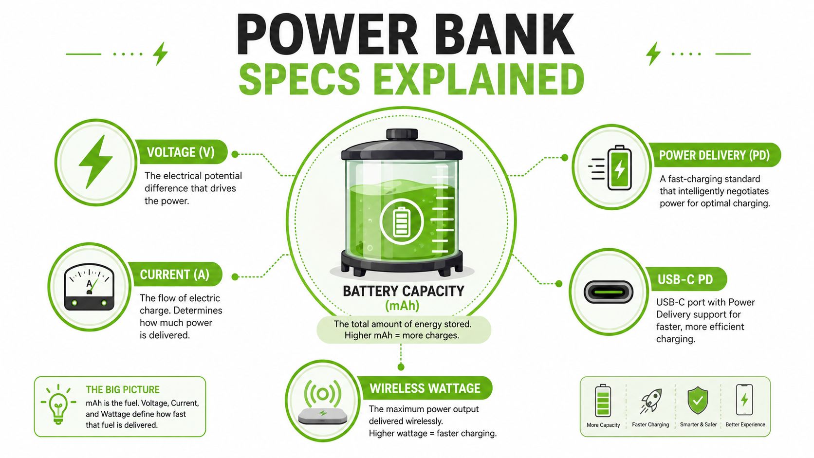 An infographic explaining essential power bank technical specifications including voltage, current, capacity, power delivery, and wireless wattage.