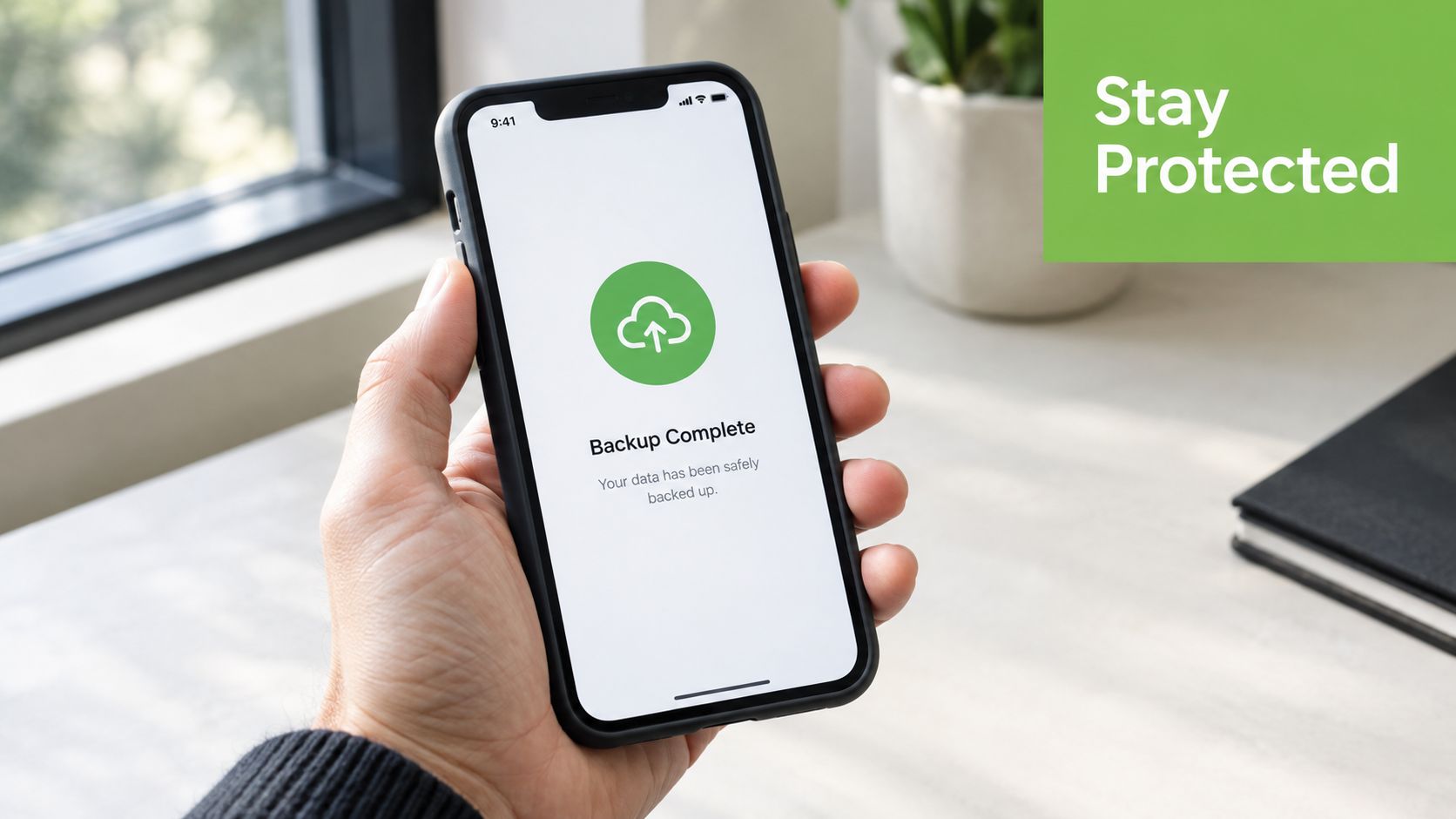 A hand holding a smartphone displaying a green icon and text confirming that data backup is complete.