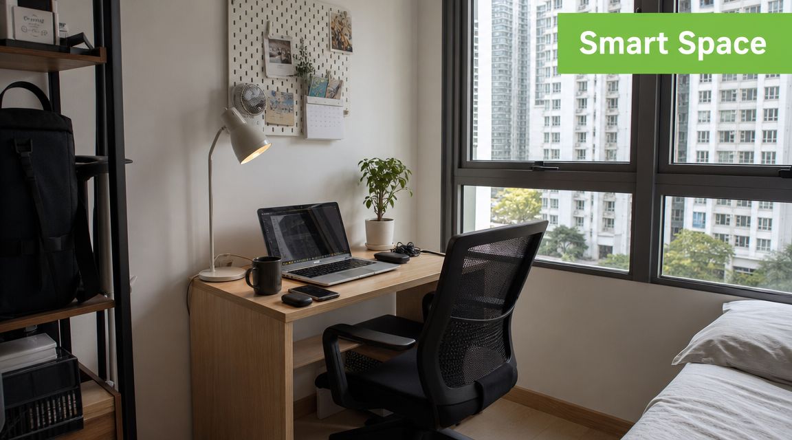 A tidy workspace with a laptop, desk lamp, and chair positioned near a bright window in Singapore.
