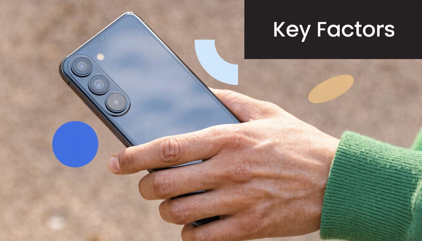 A close-up shot of a hand holding a dark-colored smartphone against a textured background with graphic shapes.