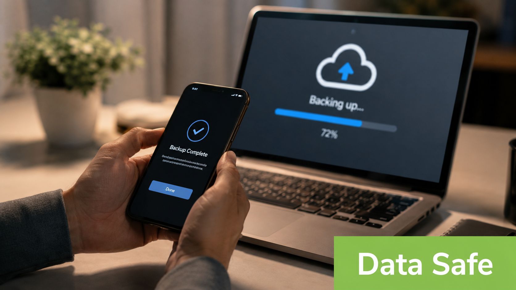 A person holding a smartphone showing a completed backup screen next to a laptop performing a cloud backup.