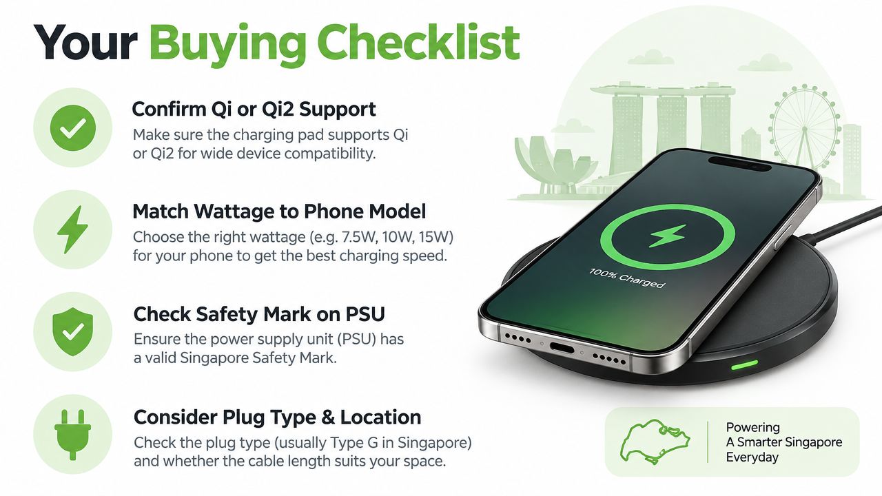 A helpful infographic showing a buying checklist for choosing a wireless charging pad in Singapore.