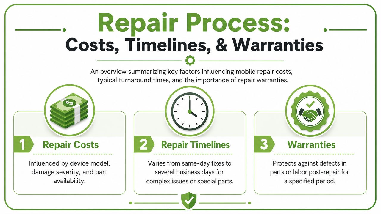 A visual guide explaining key aspects of the mobile repair process including costs, timelines, and warranties.