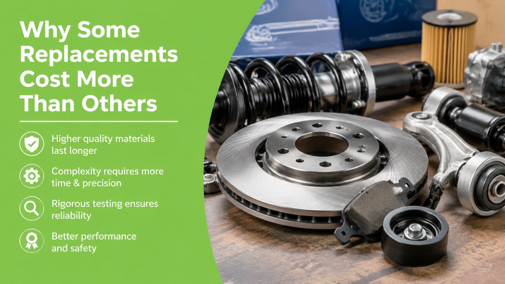 A selection of automotive spare parts with text explaining why some vehicle replacements cost more than others.