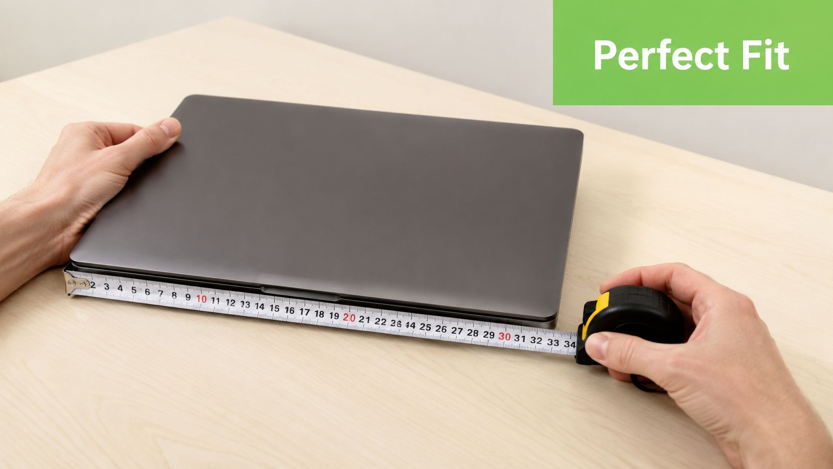 A person using a measuring tape to determine the size of a dark grey laptop on a desk.