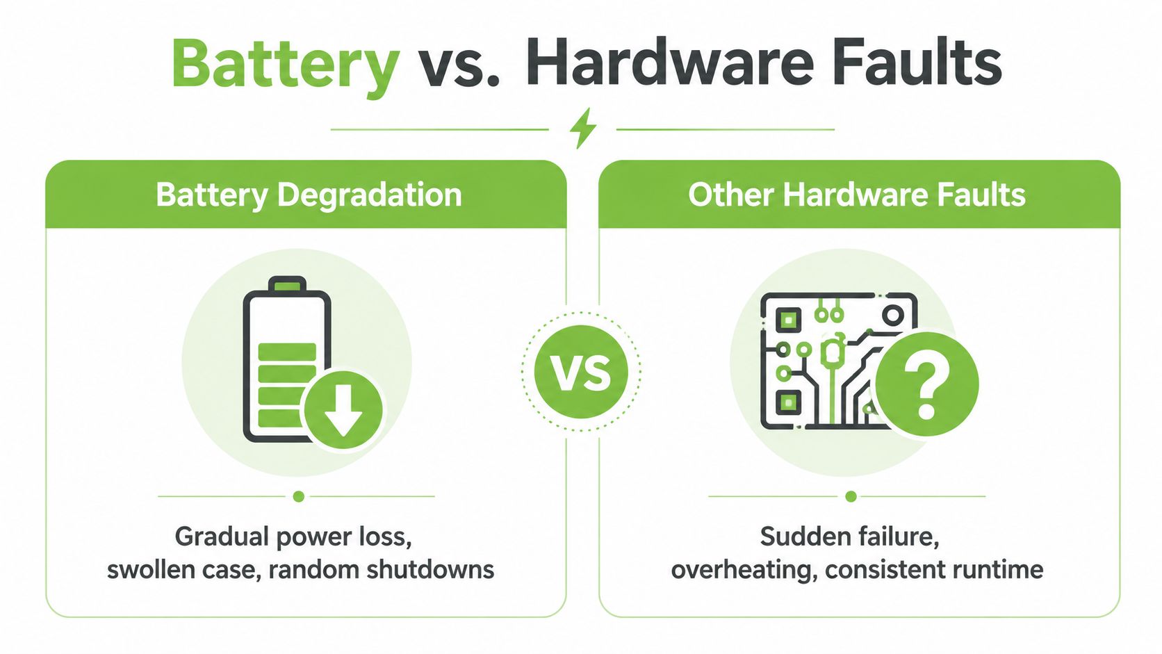 A comparison chart showing differences between battery degradation symptoms and other hardware faults in electronic devices.