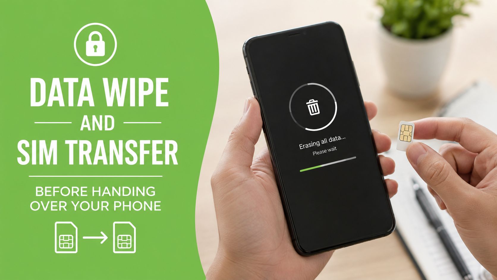 A person holding a smartphone performing a data wipe while holding a SIM card for transfer.