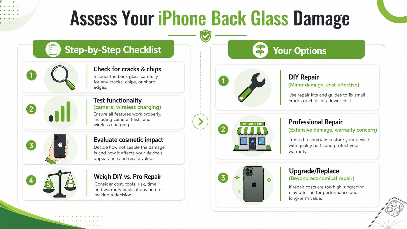 An infographic guiding users on assessing iPhone back glass damage, including checklists and repair options.
