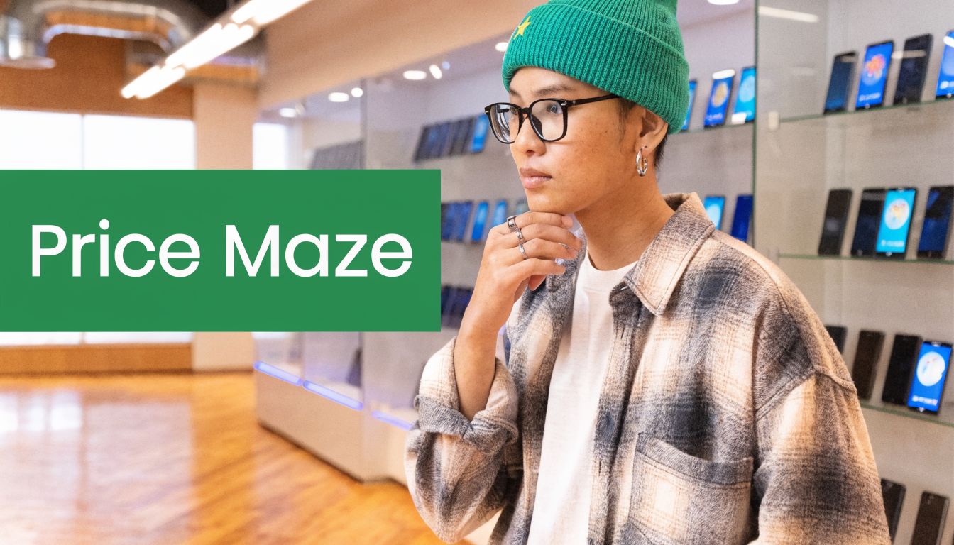 A person in a beanie and plaid shirt looking thoughtfully at smartphones displayed on shelves.
