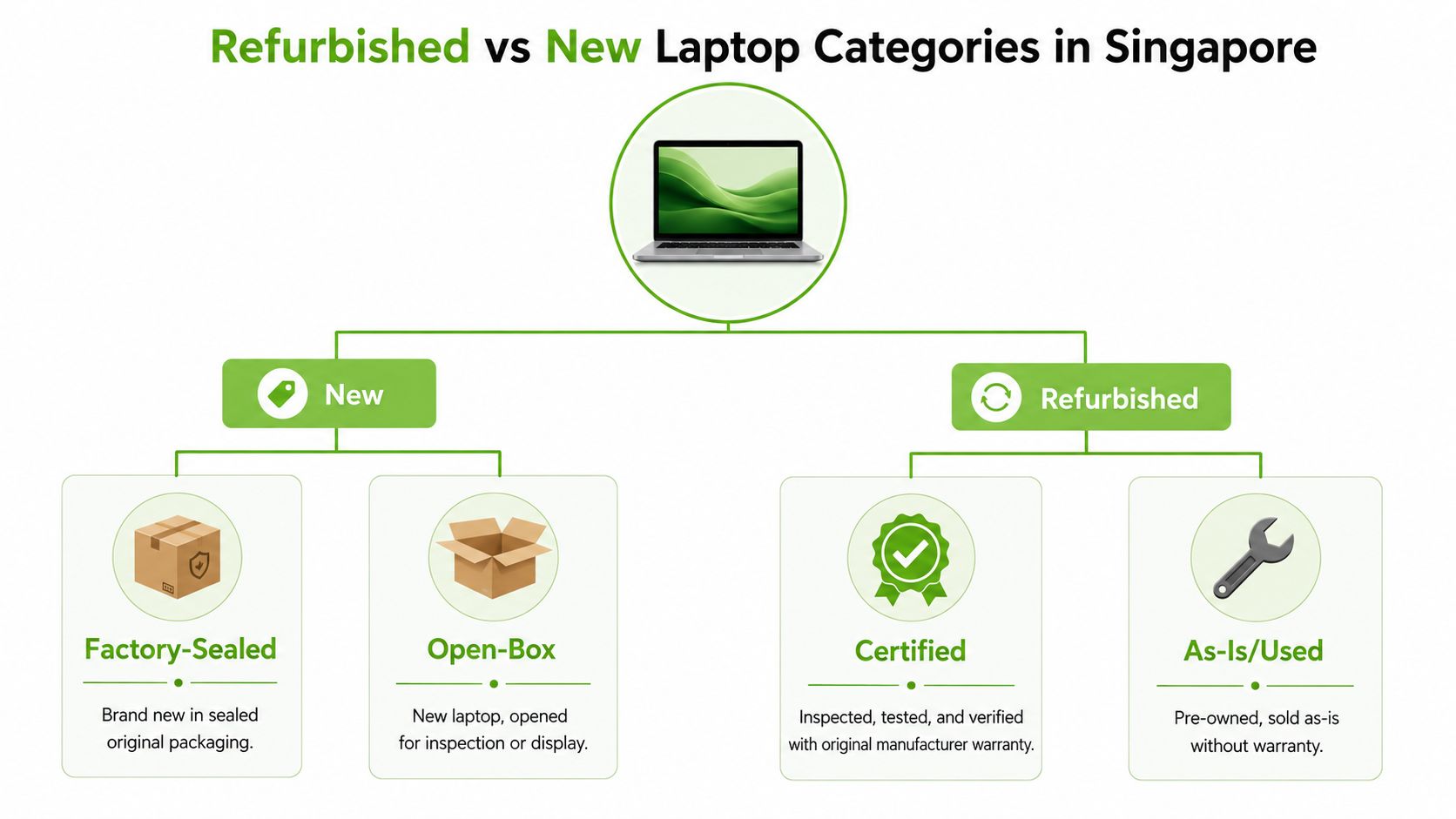 A diagram categorizing laptops into new and refurbished types including factory-sealed, open-box, certified, and as-is devices.