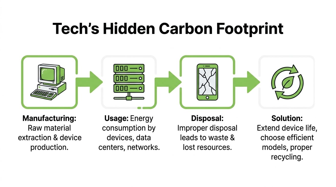 A four-step infographic showing the carbon footprint of technology from manufacturing and usage to disposal and solutions.