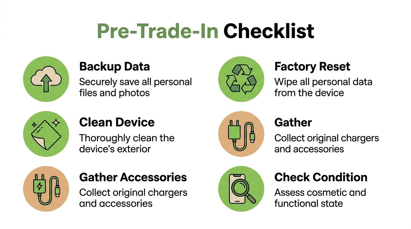 A checklist infographic titled Pre-Trade-In Checklist outlining steps to prepare a device for trading in.