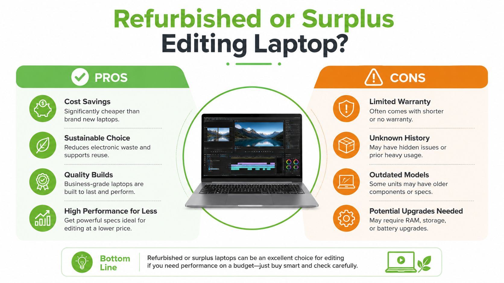 An infographic comparing the pros and cons of purchasing refurbished or surplus laptops for video editing tasks.