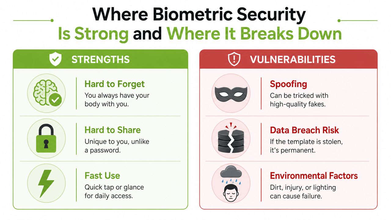 A comparison chart showing the strengths and vulnerabilities of biometric security systems for user authentication.