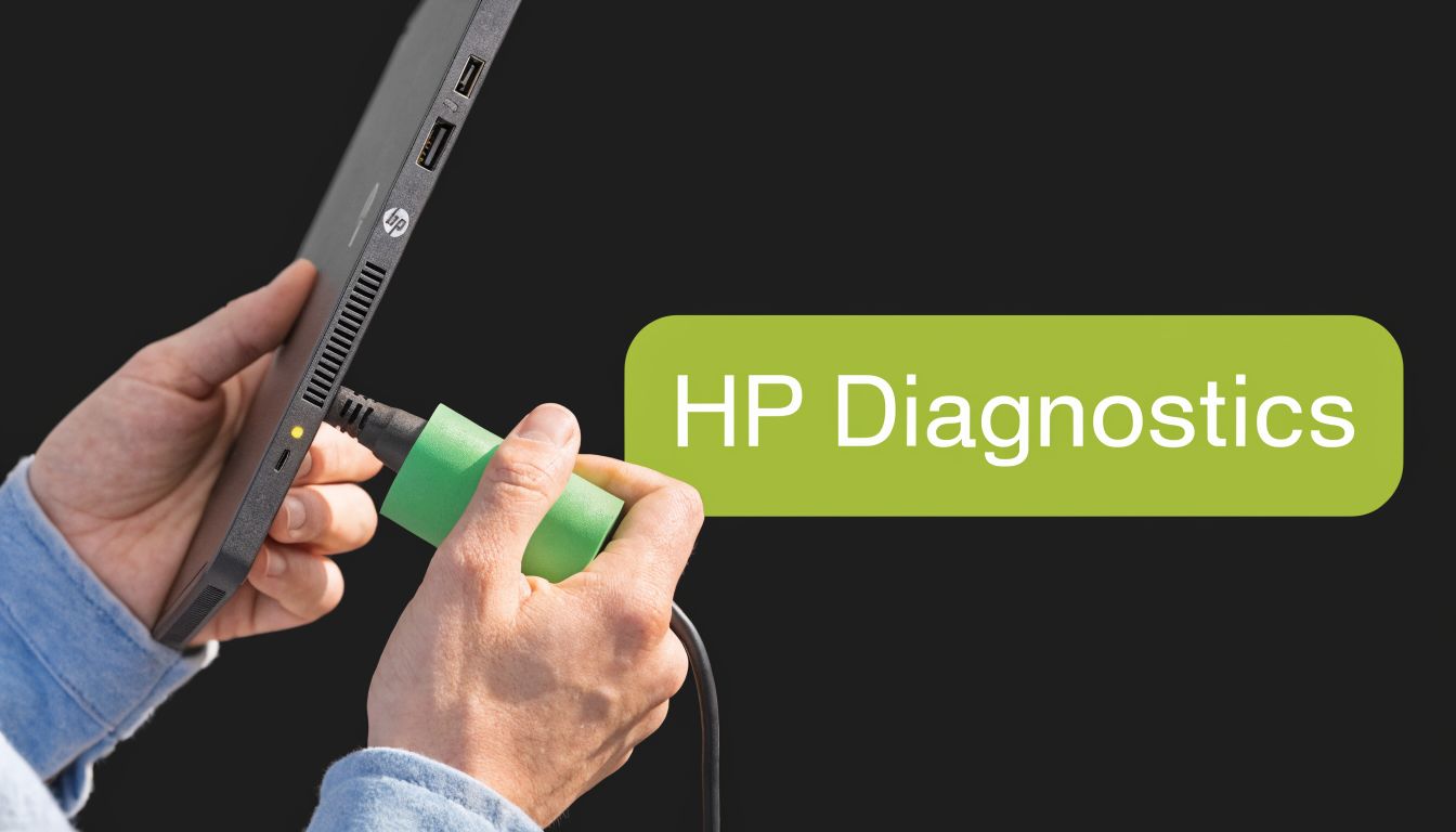 A close up view of a person plugging a power cable into an HP laptop for diagnostics.