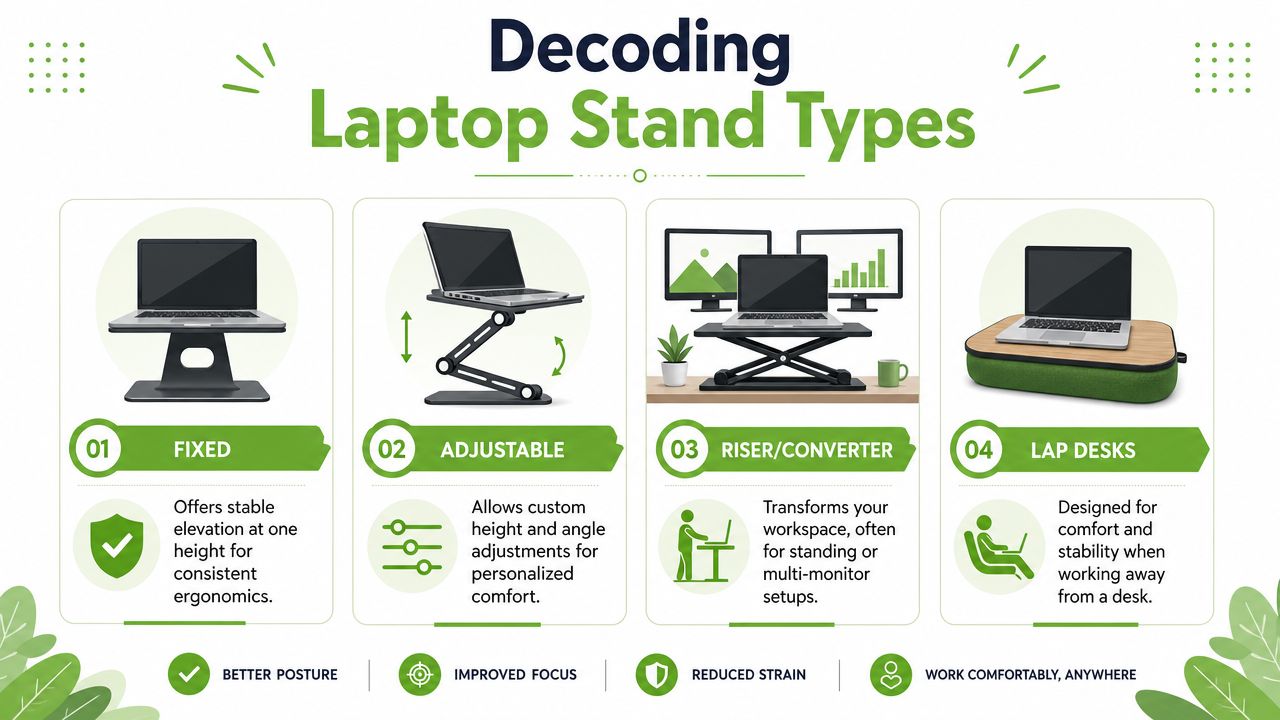 An infographic titled Decoding Laptop Stand Types explaining four different types of laptop stands with images.