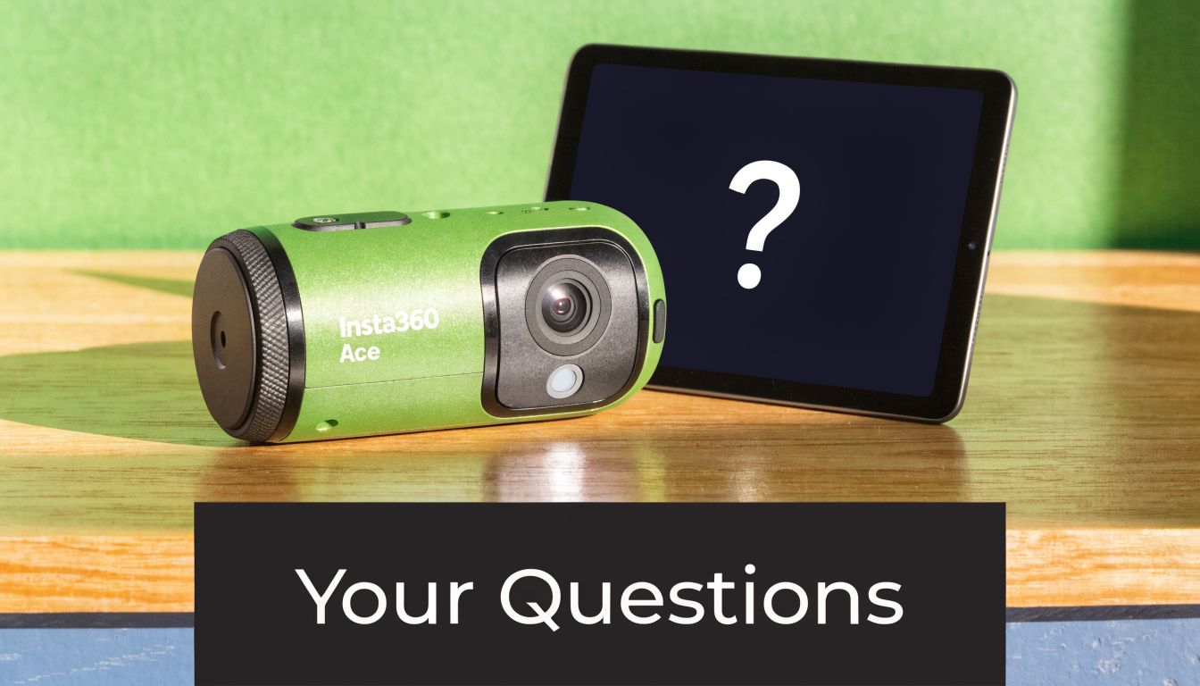 An Insta360 Ace action camera sits next to a tablet displaying a large white question mark symbol.
