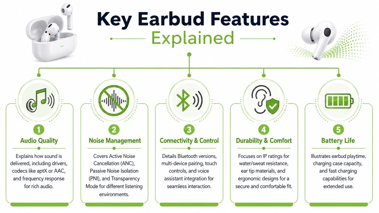 An infographic titled Key Earbud Features Explained detailing five essential aspects of wireless earbuds like quality and battery.