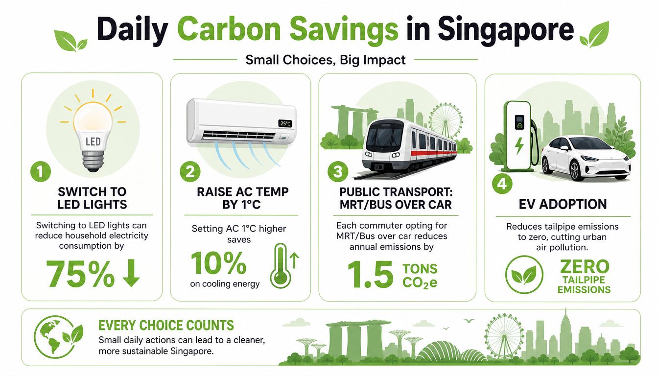 An infographic illustrating four simple daily actions to reduce carbon footprints and improve sustainability in Singapore.