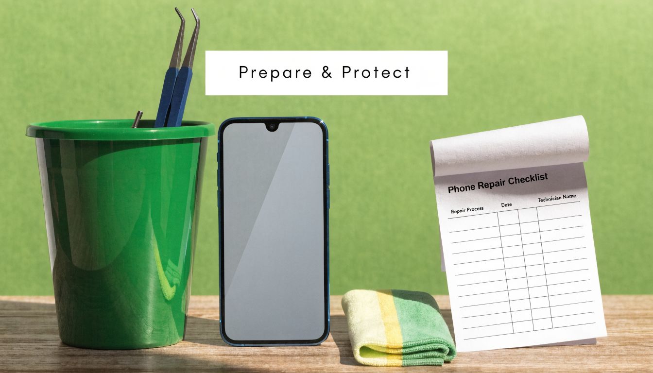 A smartphone, tools, and a repair checklist sitting on a wooden desk with a green background.