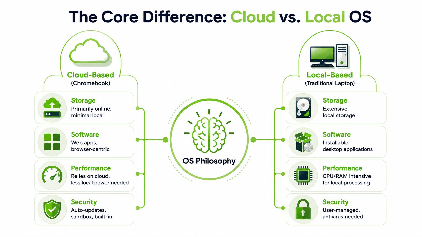 A comparison infographic showing key differences between cloud-based Chromebooks and local-based traditional laptops across four main categories.