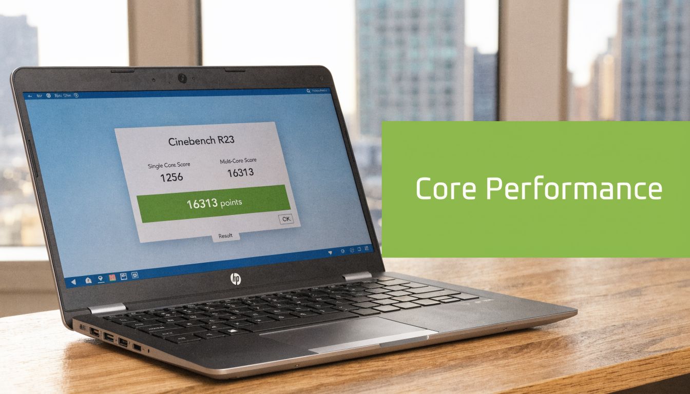 一台惠普 EliteBook 笔记本电脑放在桌上，显示着 Cinebench R23 基准测试结果和核心性能文本。
