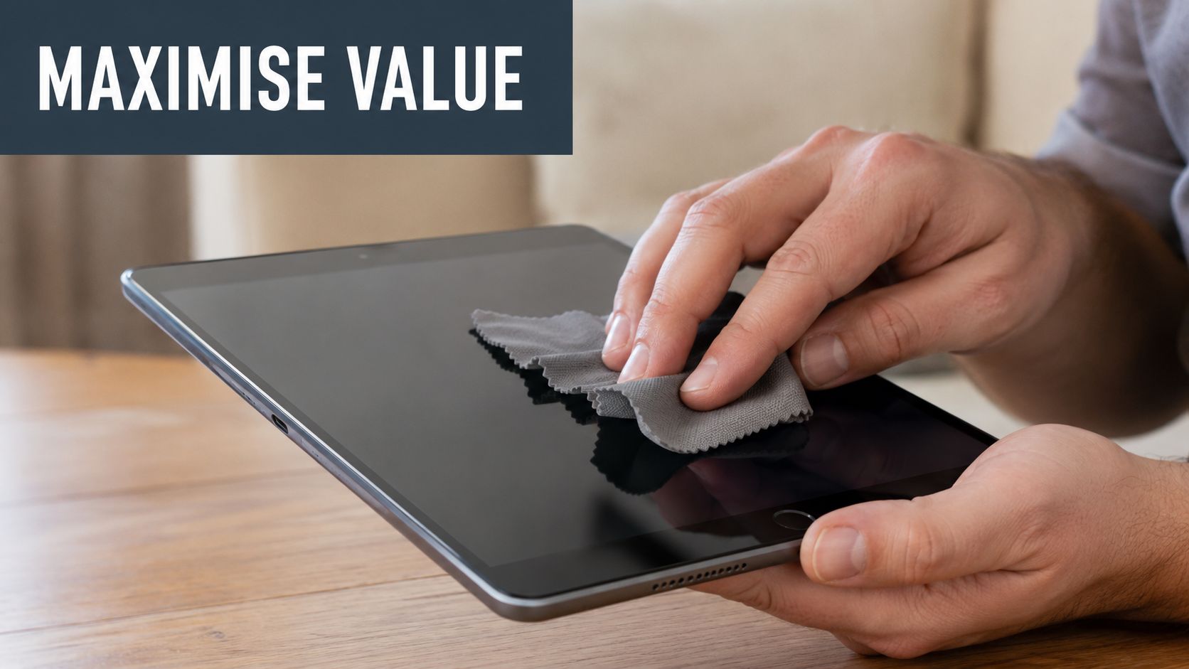 A person carefully cleaning a tablet screen with a microfiber cloth before a trade in