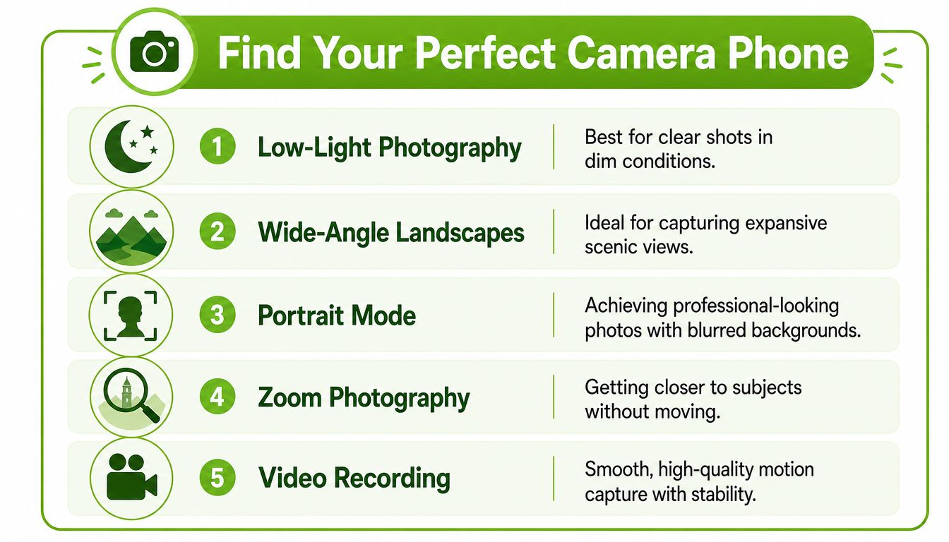 An infographic titled Find Your Perfect Camera Phone listing five key features for smartphone photography.