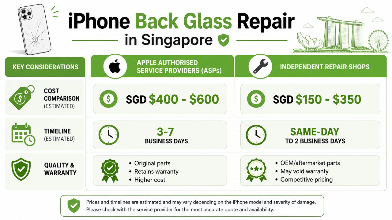 A comparison chart showing costs, timelines, and warranty differences for iPhone back glass repairs in Singapore.