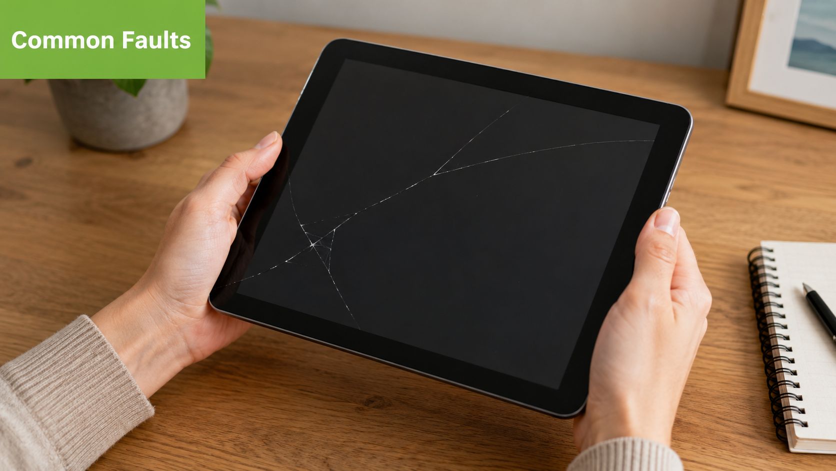 A person holding a tablet computer with a severely cracked screen displaying a broken glass pattern.