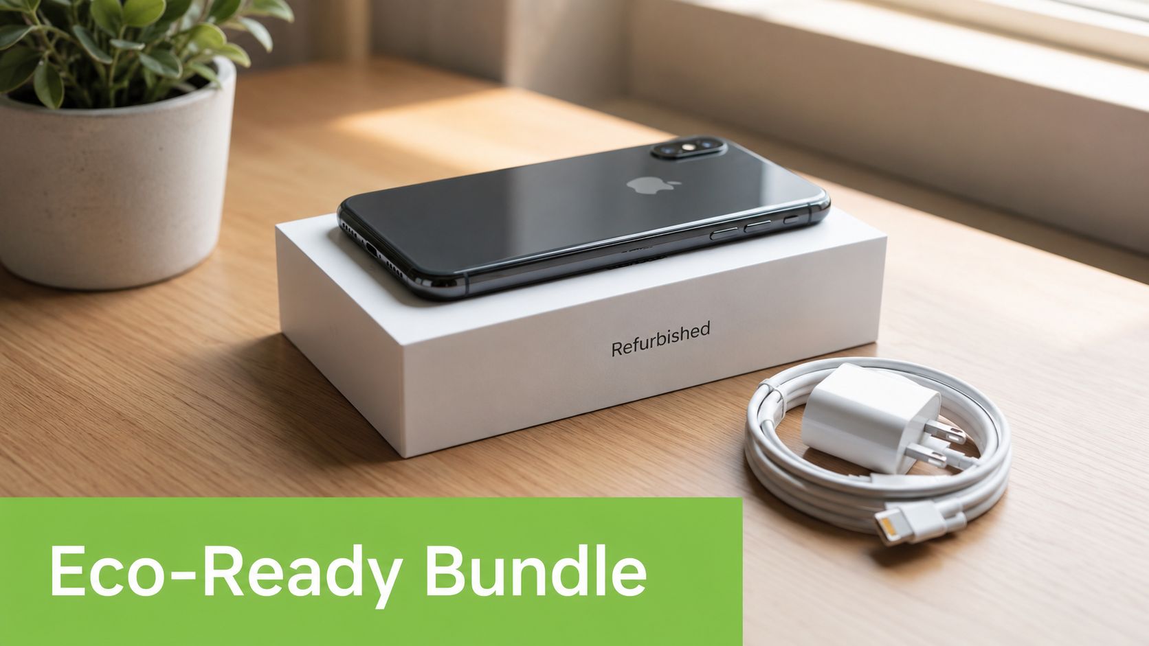 A refurbished smartphone resting on its white packaging box next to a charging cable and power adapter.