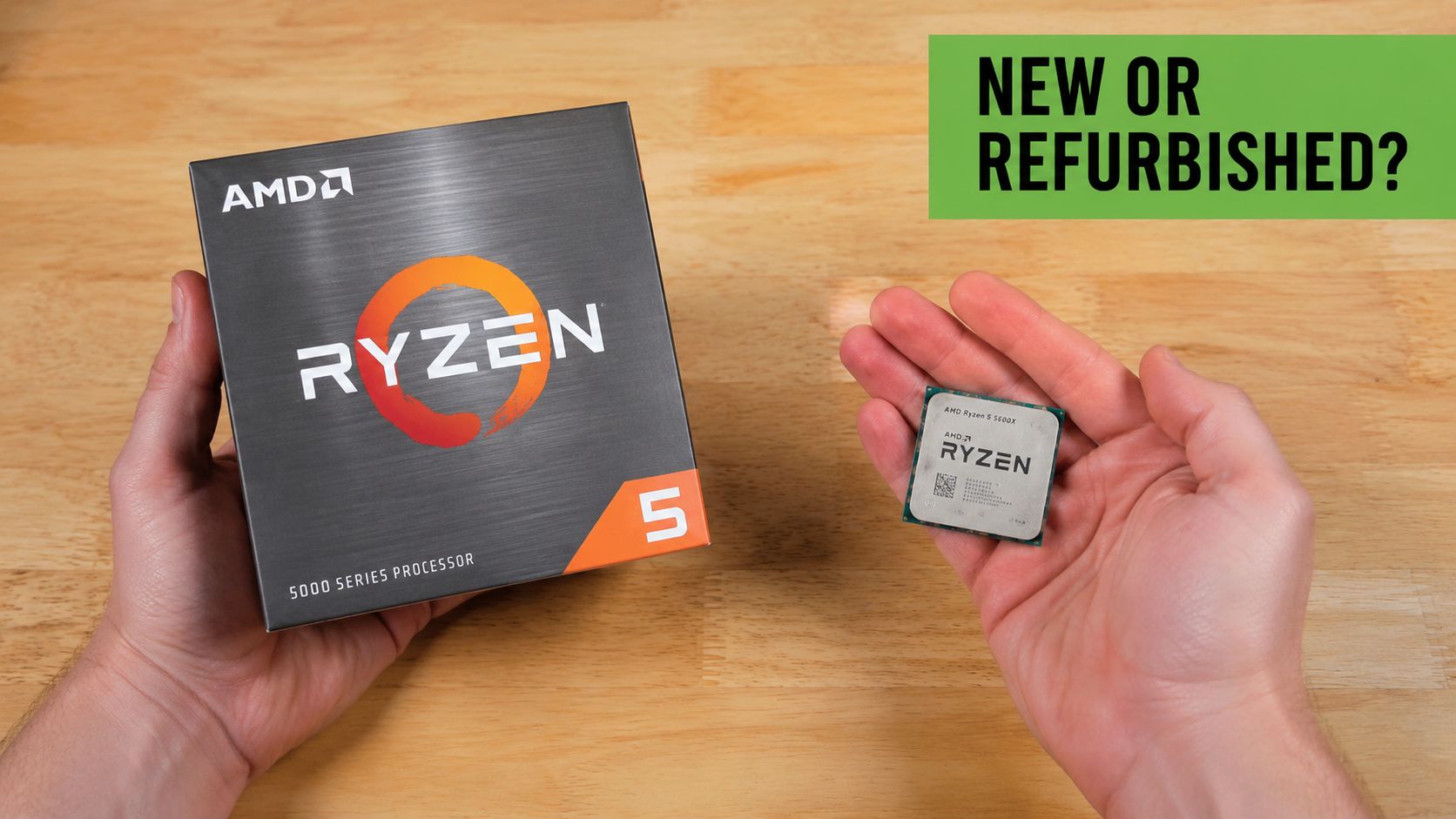 A person holding a retail box for an AMD Ryzen 5 processor and the CPU itself.