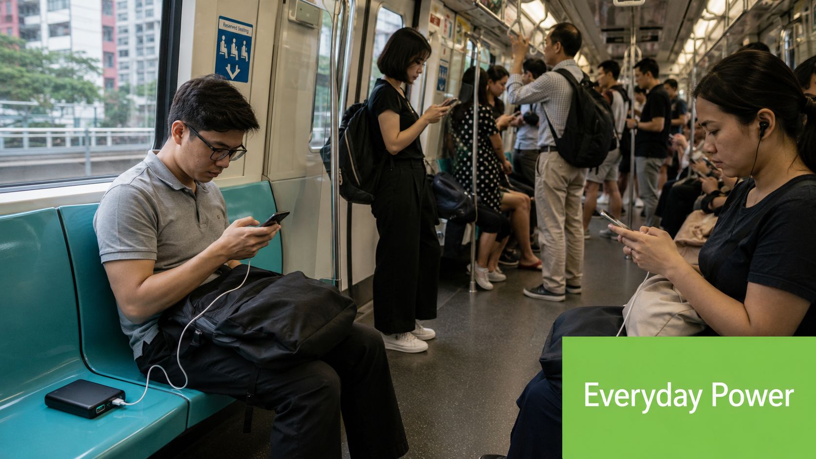 Commuters on a public train using their smartphones while charging devices with a myhalo power bank.