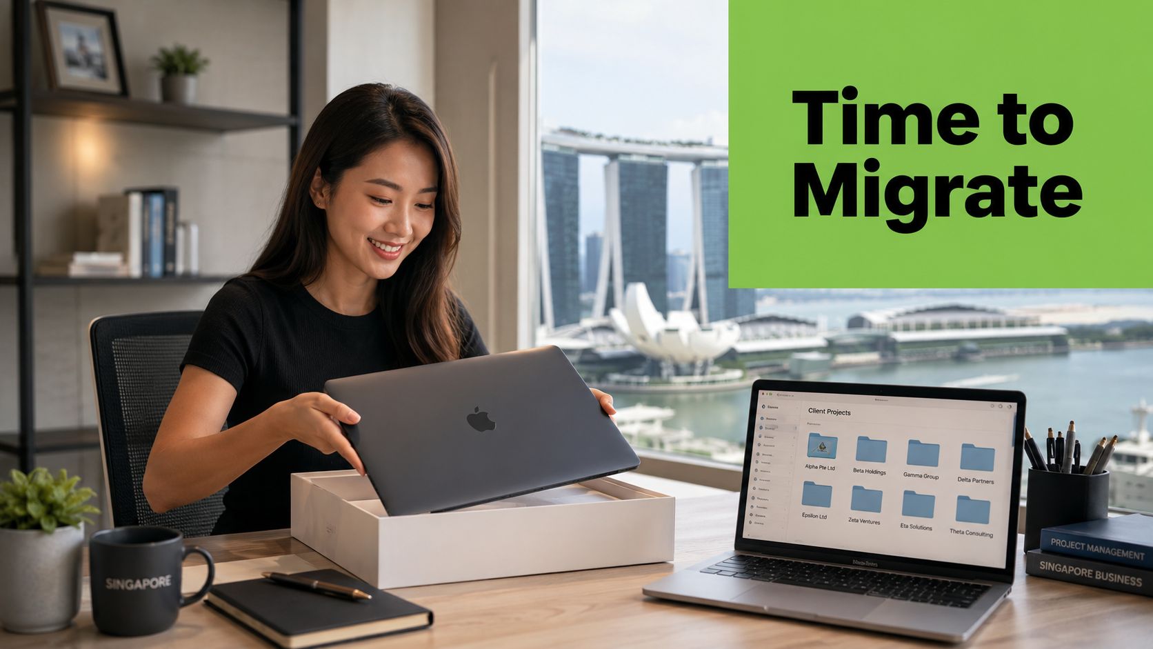 A smiling woman setting up a new laptop in a bright Singapore office with a skyline view.