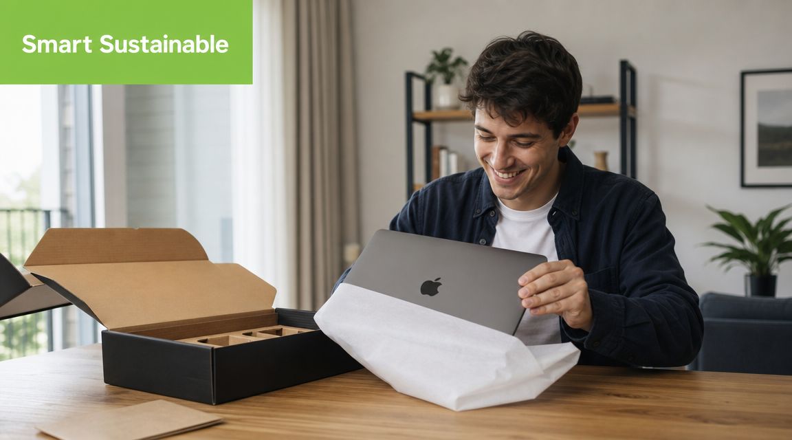 A smiling young man unboxing a new dark grey Apple laptop from its cardboard packaging at home.