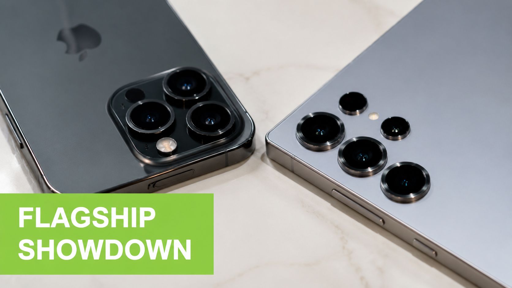 A close-up view of the rear camera modules of an iPhone and a Samsung Galaxy smartphone side by side.