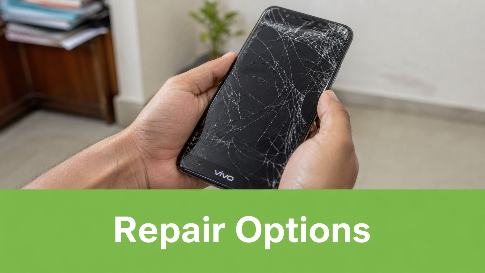 A person holding a damaged Vivo smartphone with a severely cracked screen, highlighting the need for repair.